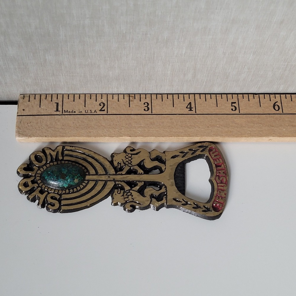 Vintage Brass Jerusalem Shalom Bottle Opener Menorah & Eilat Style Stone - Picture 5 of 8